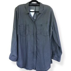 NWT New Leaf Women's Dark Gray Tencel Long Sleeve Button Front Tunic Shirt 2X
